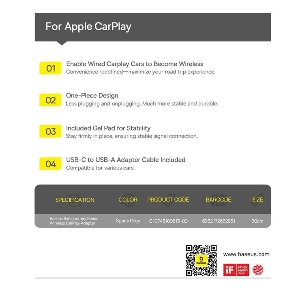 OS-Baseus SafeJourney Series Wireless CarPlay Adapter Space Grey