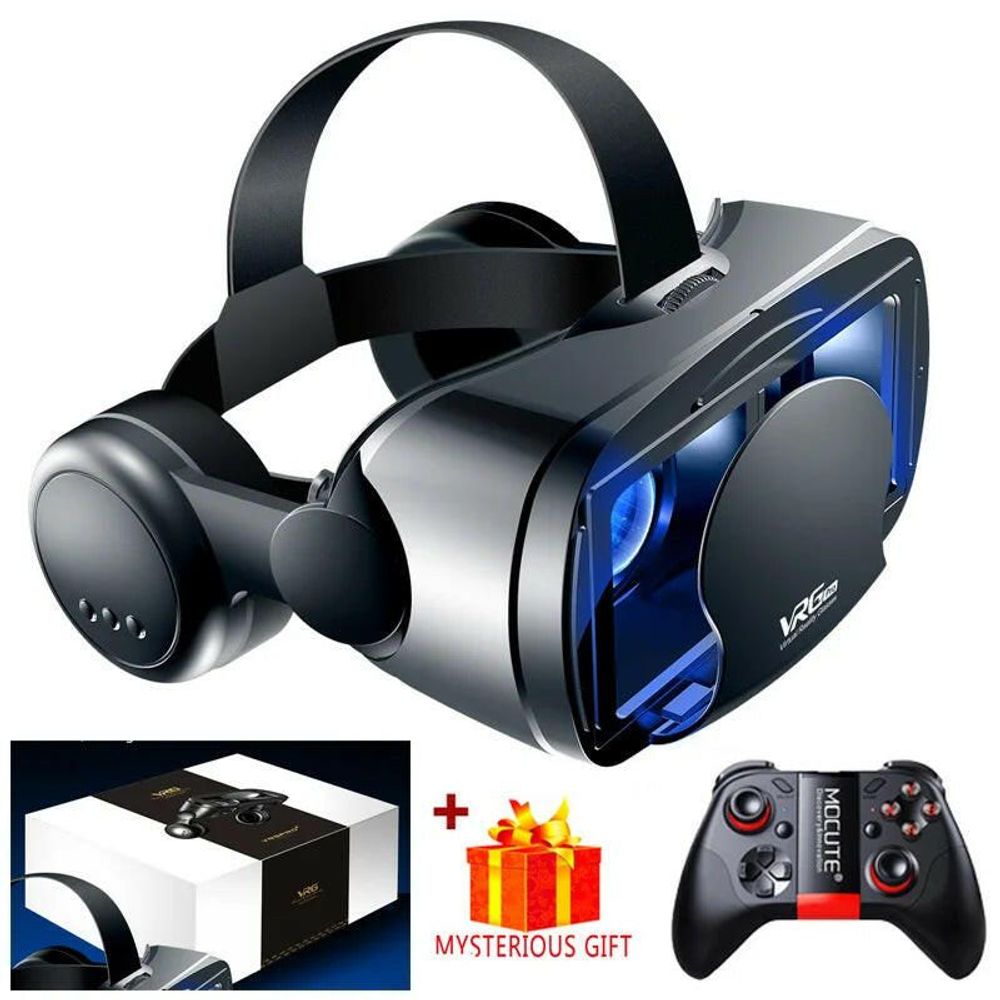 Virtual Reality 3D VR Headset Smart Glasses Helmet for Smartphones Cell Phone Mobile 7 Inches Lenses Binoculars with Controllers Headphone And B