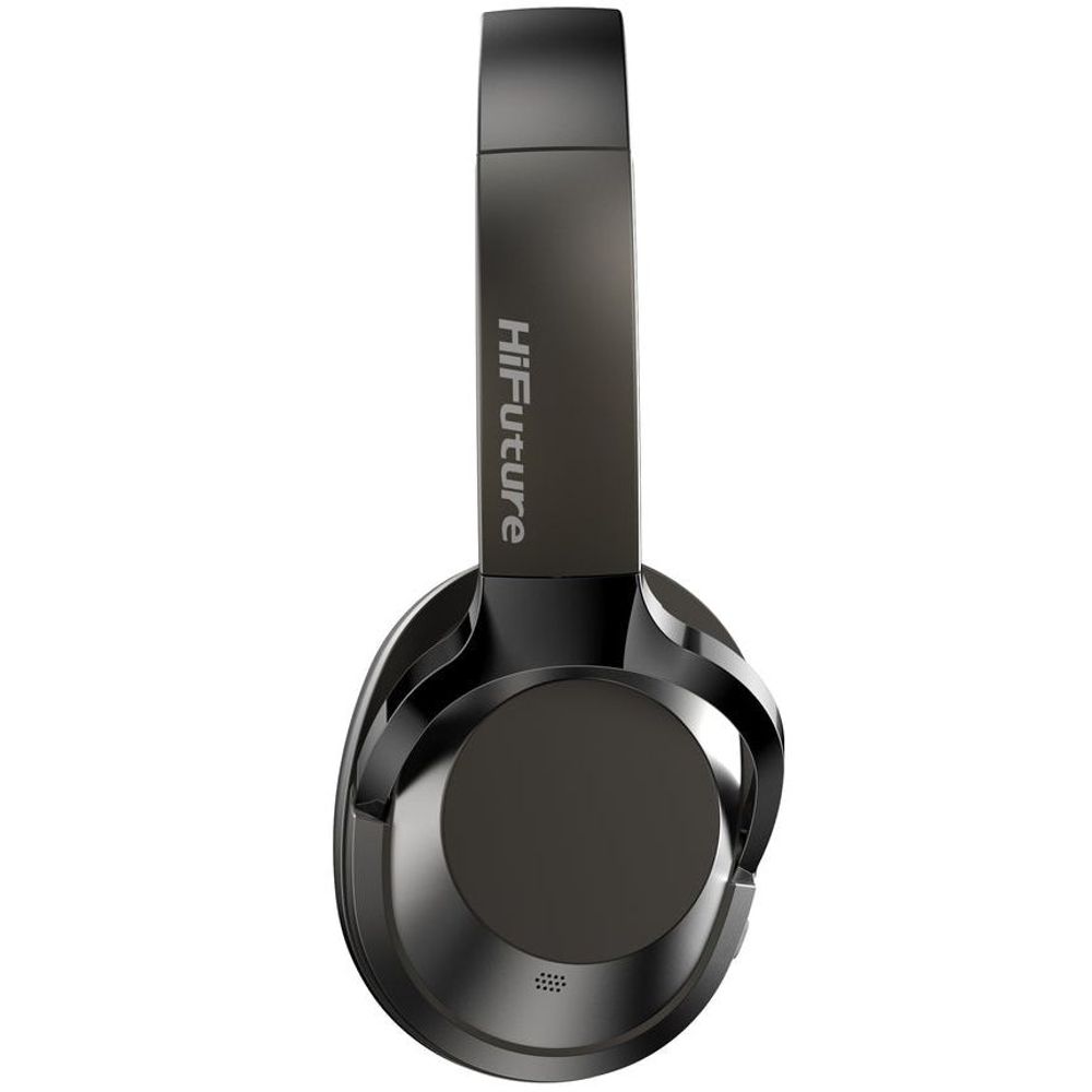 Black over-ear wireless headphones, compact fold with mic grille on earcup