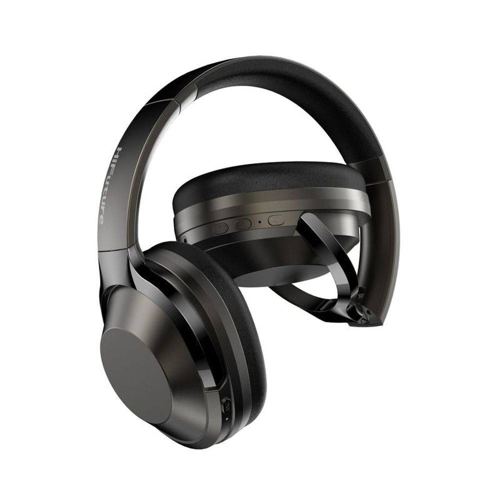 Black over-ear wireless headphones showing control buttons on earcup