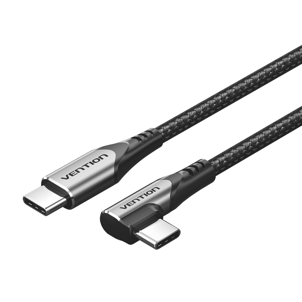 Right-angle USB-C to USB-C cable, gray aluminum connectors, black braided 2 m