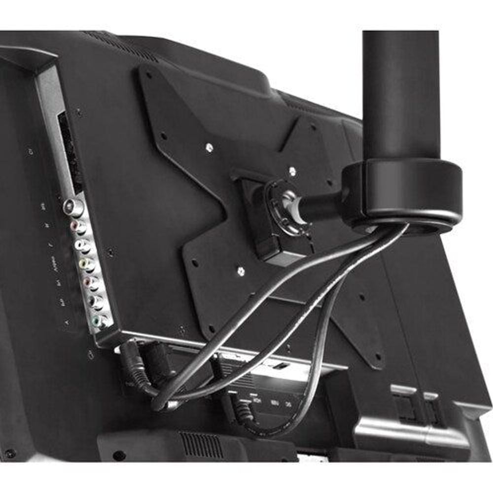 Black display mounting panel with VESA arm and cable connections