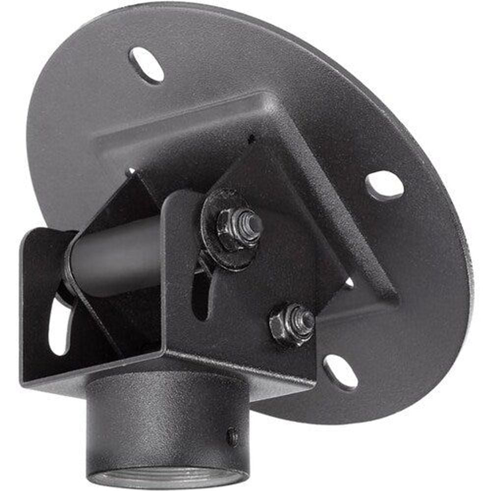 Black round mounting plate with screw holes and bracket arm