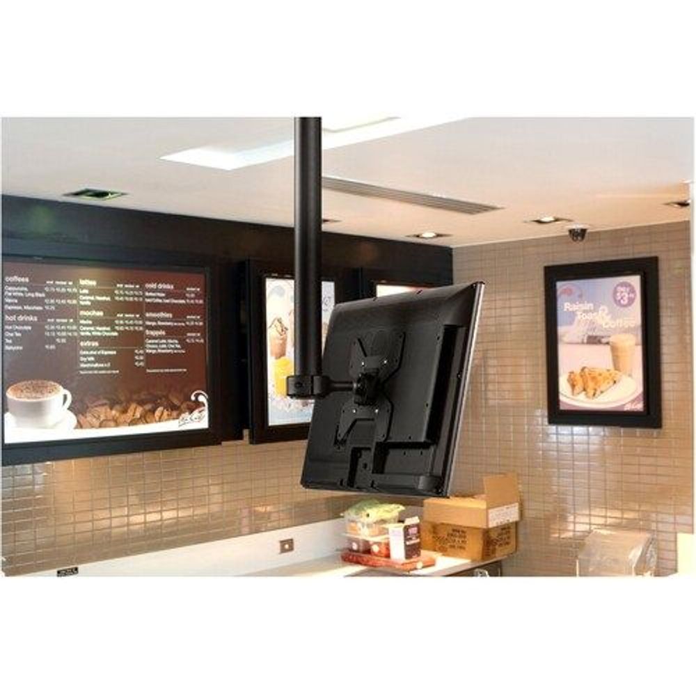 Black pole mount display bracket holding a flat screen on the post