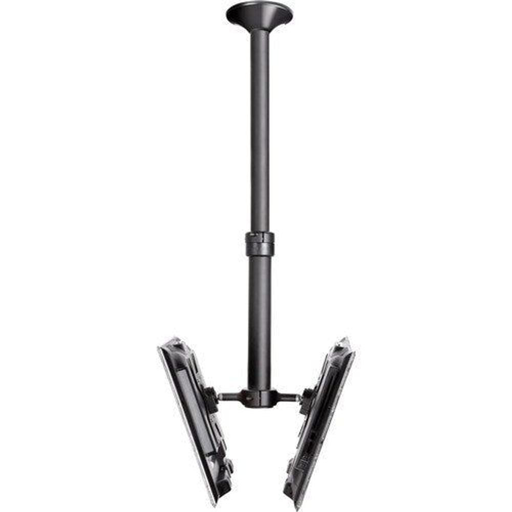 Black dual-arm display mount with vertical pole and base