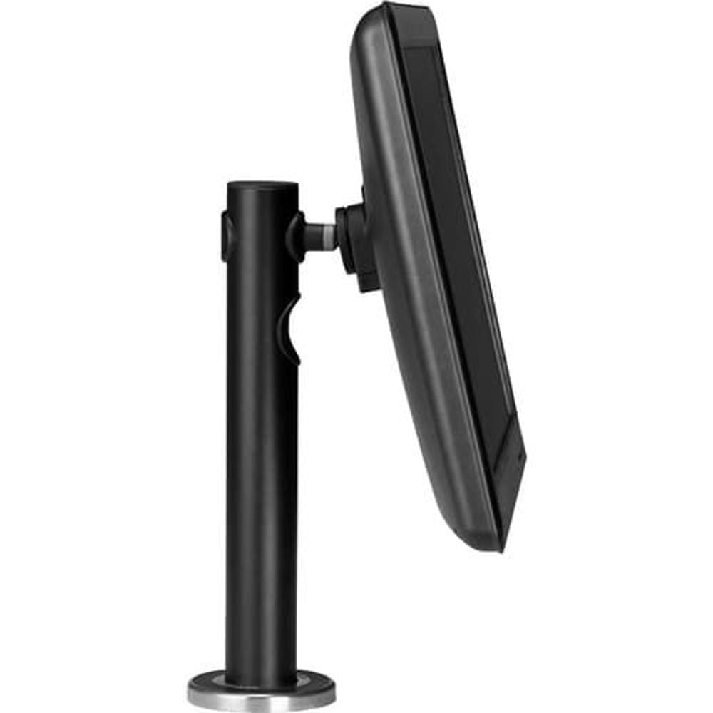 Black counter mount with vertical post and circular base for flat panel display