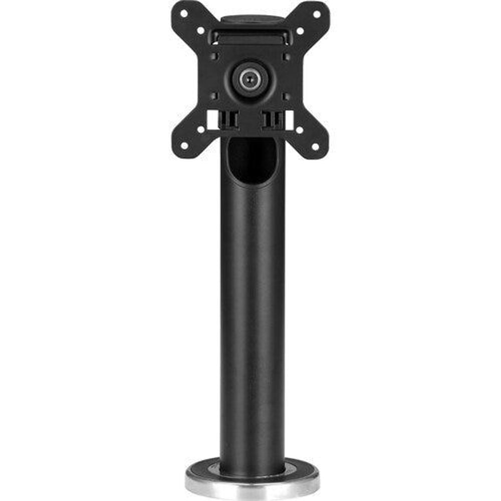 Black VESA display bracket on tall pedestal stand with mounting holes