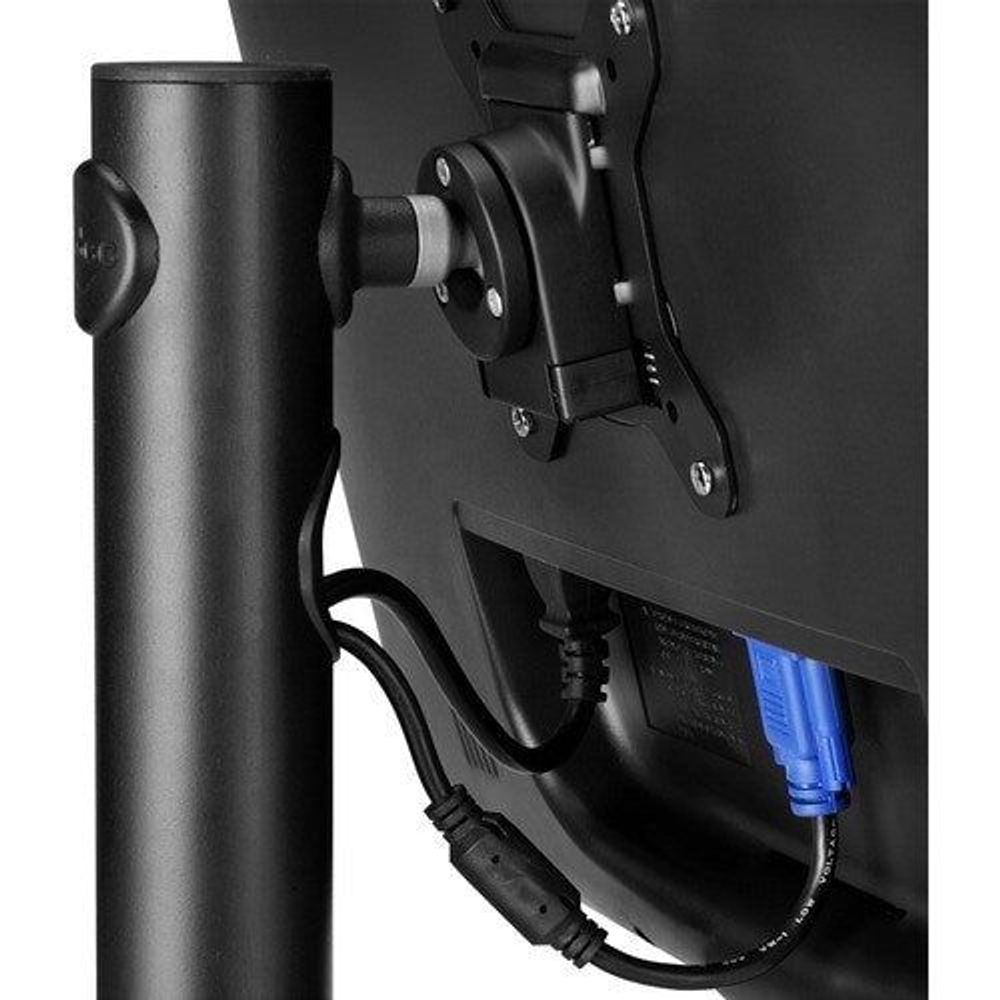 Black display mount post with VESA arm and cable connections
