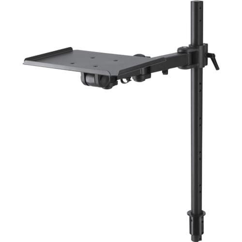 Black height-adjustable camera mounting shelf on vertical post with bracket