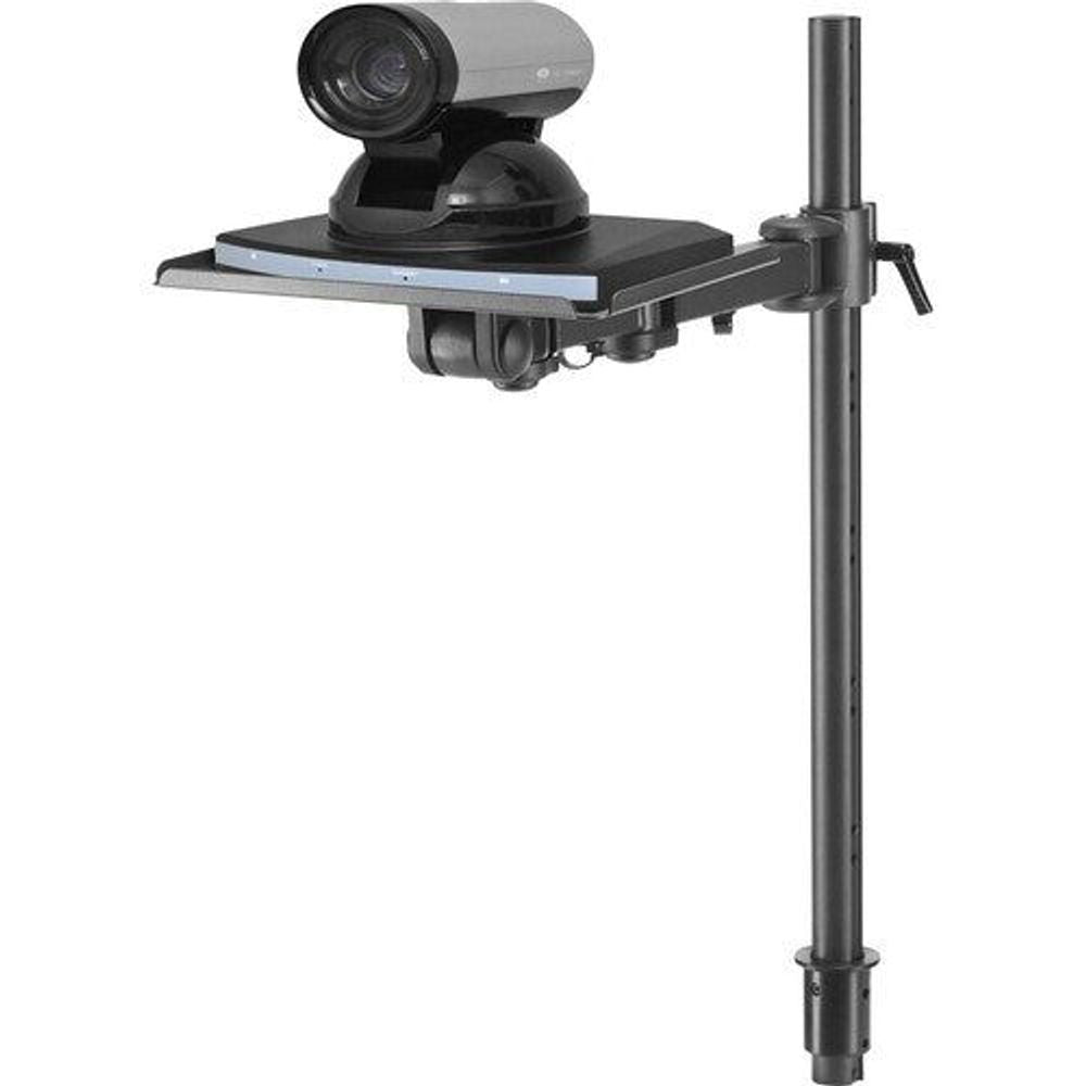 Black height-adjustable camera mounting shelf bracket on vertical post