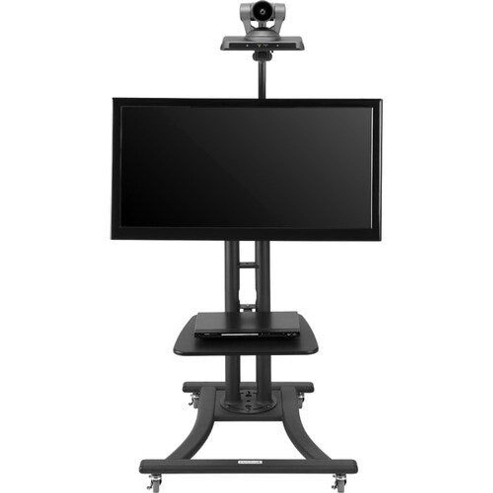 Black height-adjustable display stand with camera mount and top mounting shelf