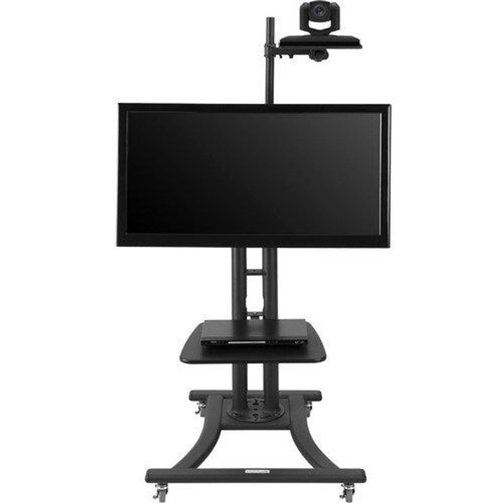 Black height-adjustable display stand with camera mount and mounting shelf