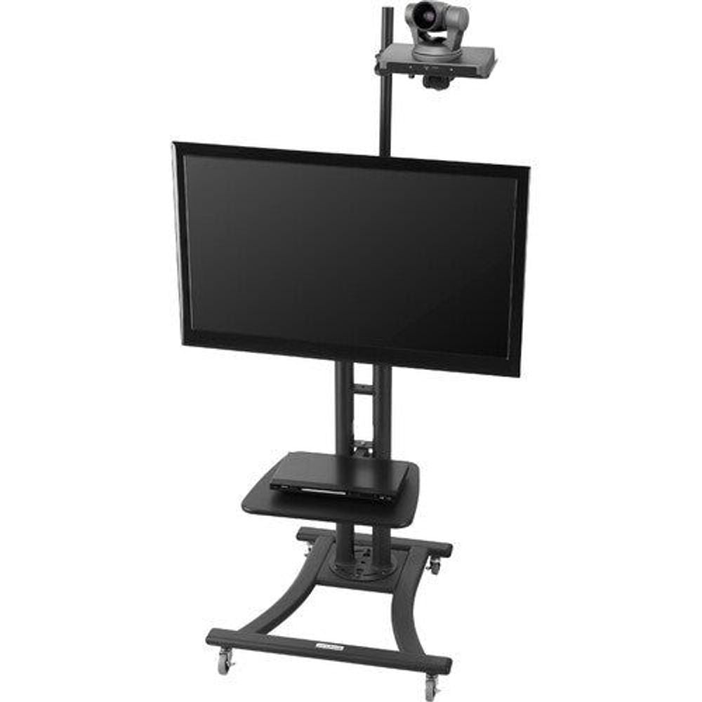 Black height-adjustable display stand with camera mount and pedestal base