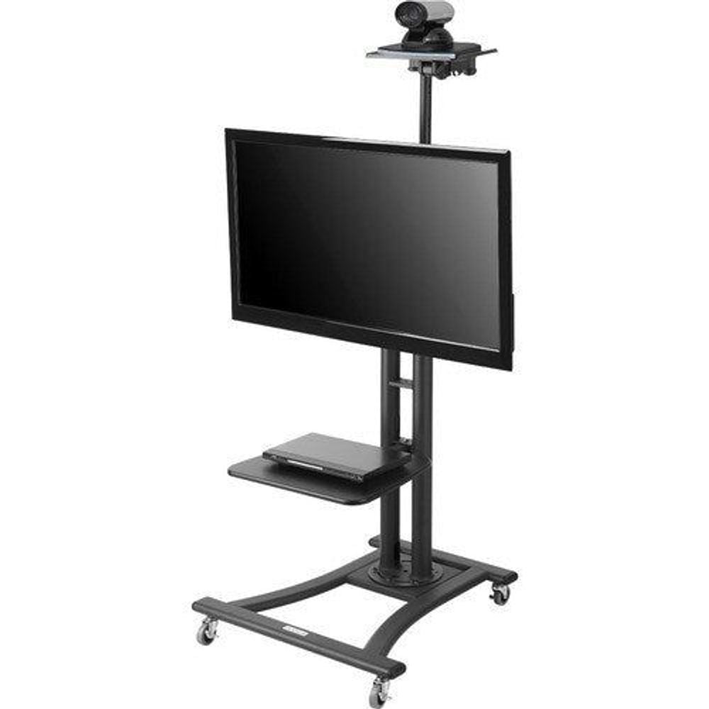 Black height-adjustable display stand with camera mount and shelf, angled view