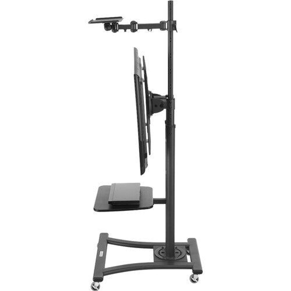 Black height-adjustable stand with camera mount and camera shelf, side view