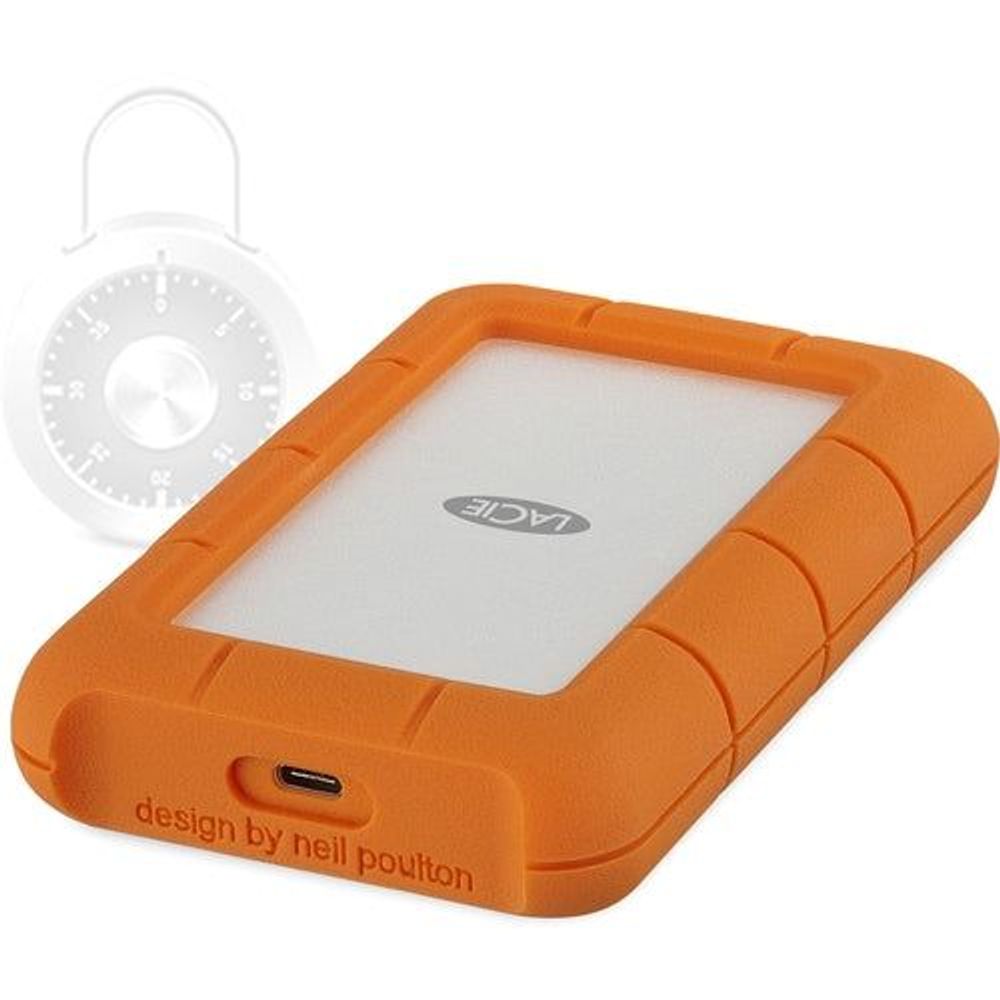 Orange rugged portable external hard drive with security dial and USB-C port