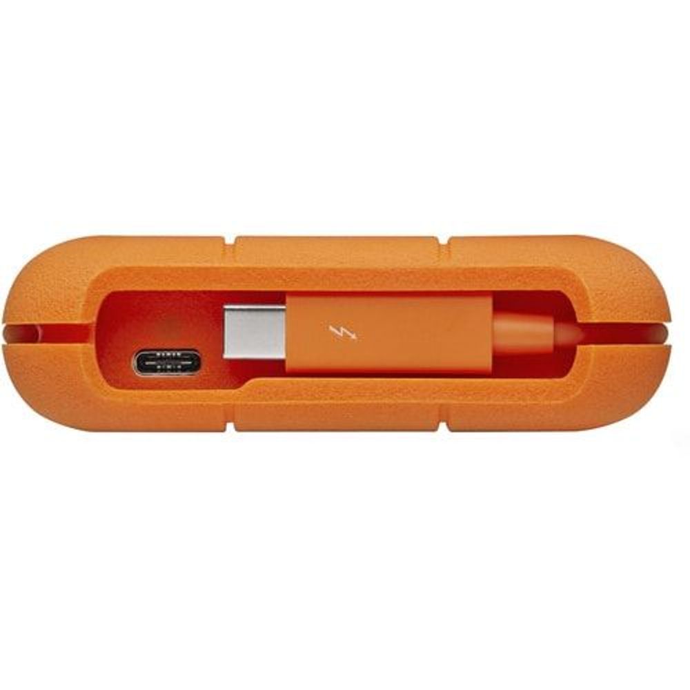 Orange rugged external portable hard drive with USB-C port and protective frame
