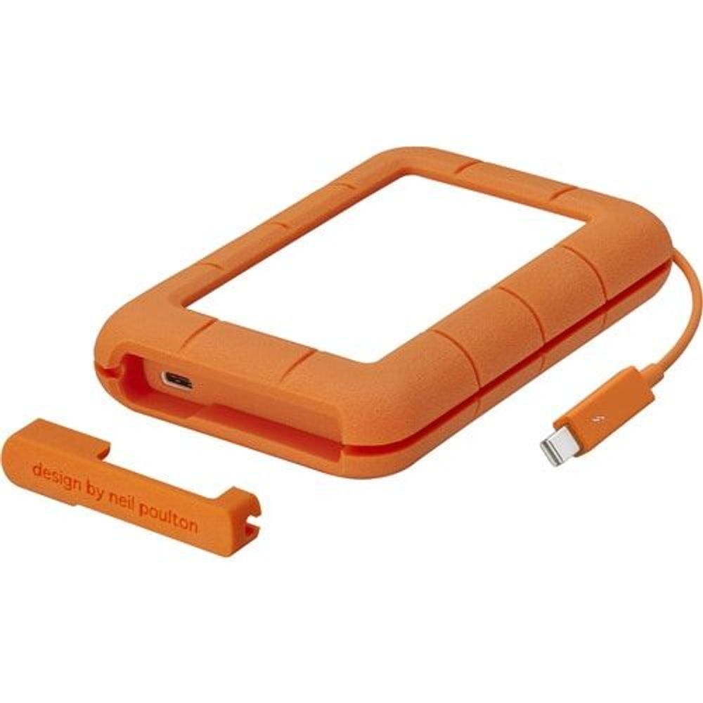 Orange rugged portable external hard drive with USB connector and protective case