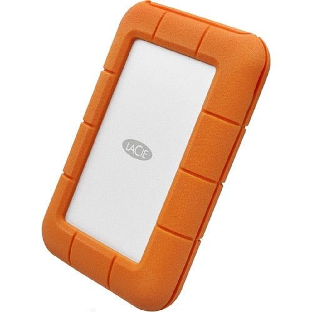 Orange rugged portable external hard drive with LACIE logo on front protective case