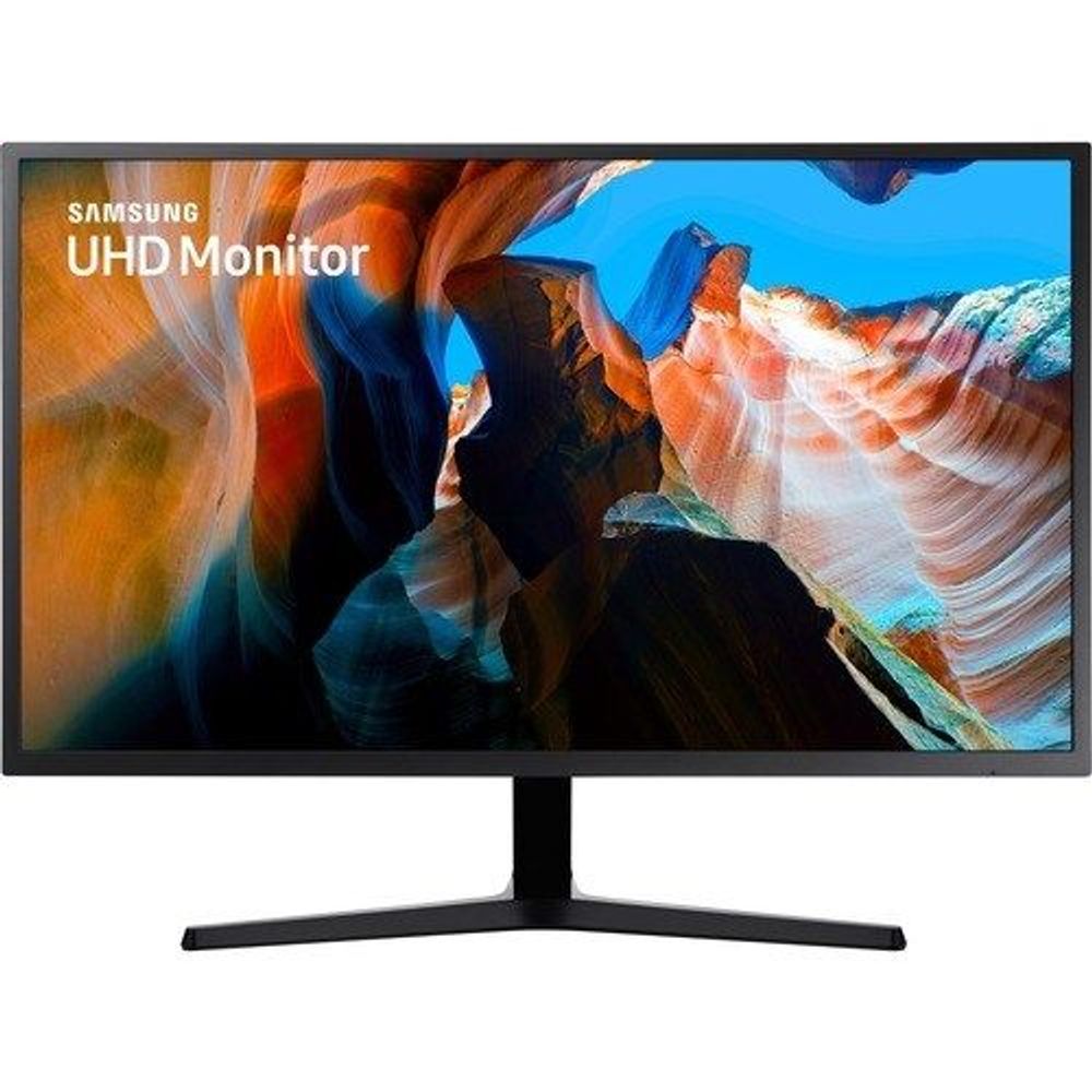 Samsung 32-inch 4K LCD monitor front view with colorful screen, dark blue gray bezel