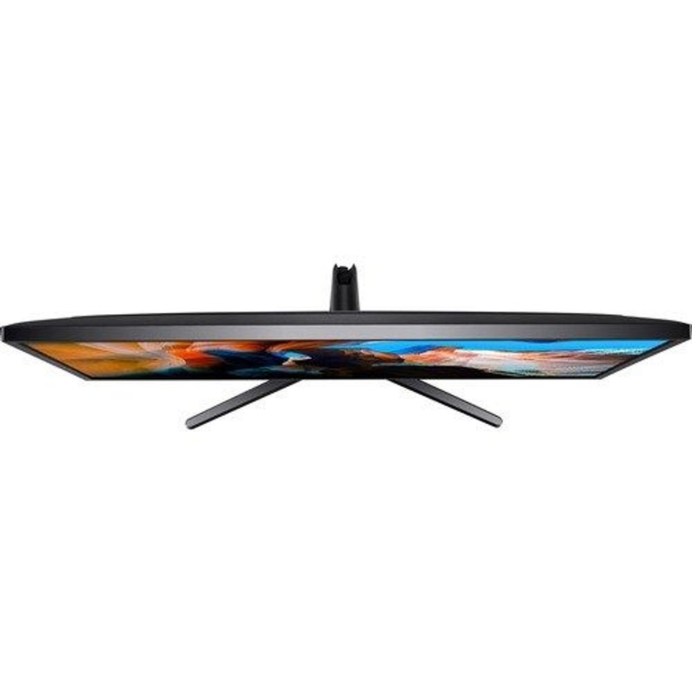 Samsung 32-inch 4K LCD monitor angled side view, dark stand and slim bezel