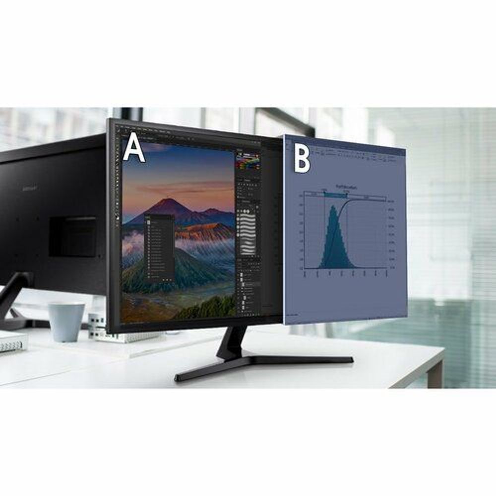Samsung dual-screen style display on 32-inch 4K LCD monitor, dark frame and stand