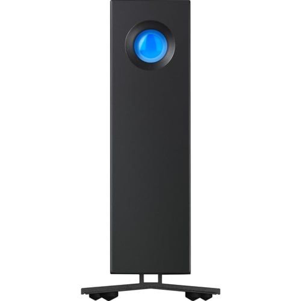 Black desktop external hard drive with blue LED, standing vertical