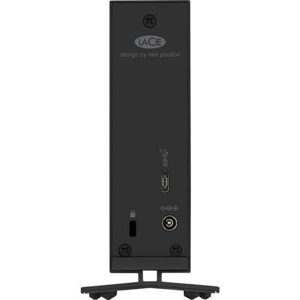 LaCie desktop hard drive rear panel with ports and blue LED window