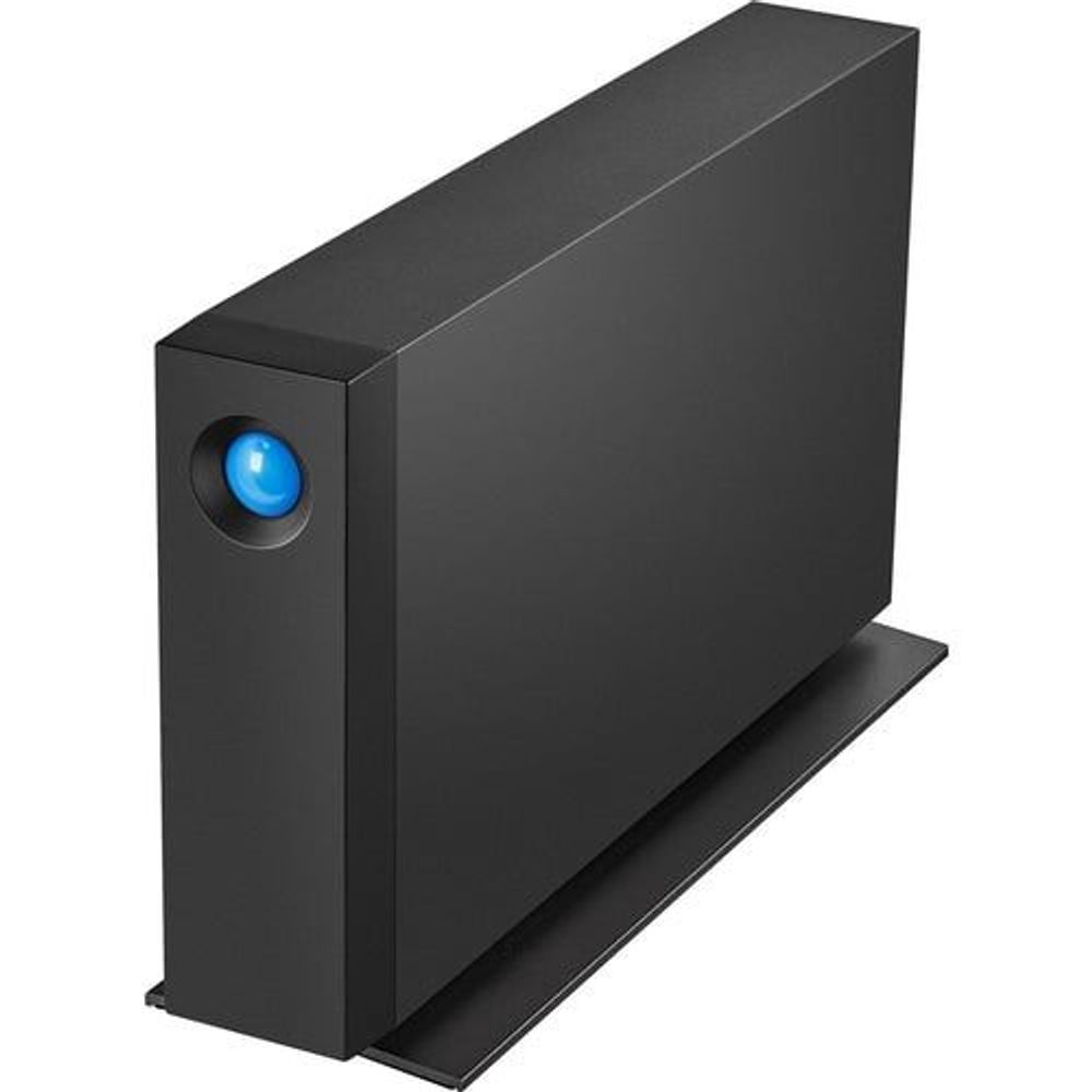 Black 3.5-inch desktop external hard drive with blue LED, angled top view