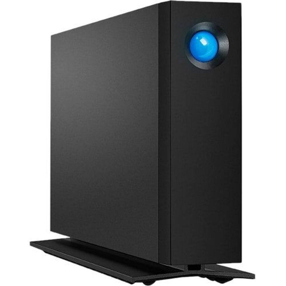 Black 3.5-inch desktop external hard drive enclosure with blue LED, front view
