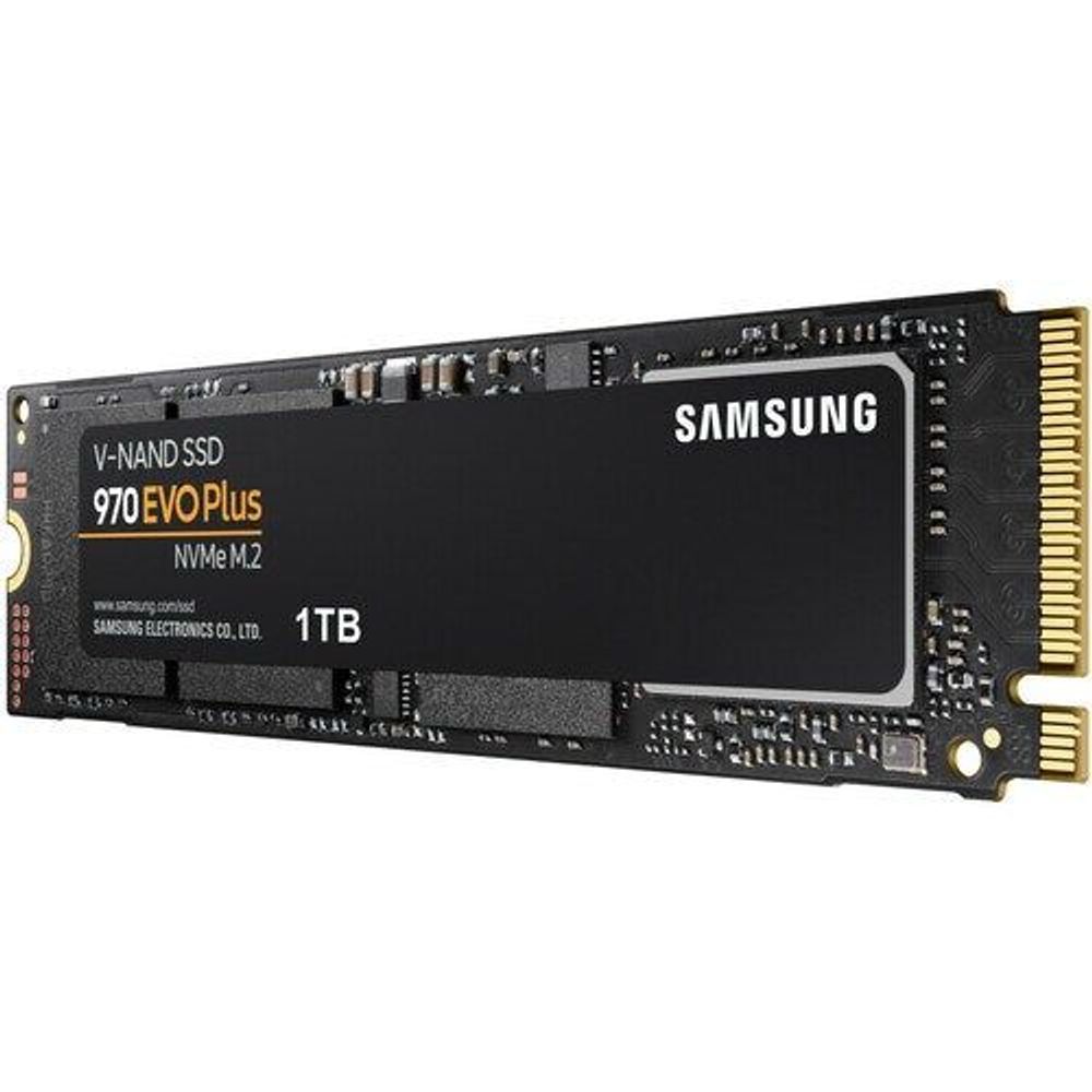 Samsung 970 EVO Plus 1TB NVMe M.2 SSD, angled view of the circuit board