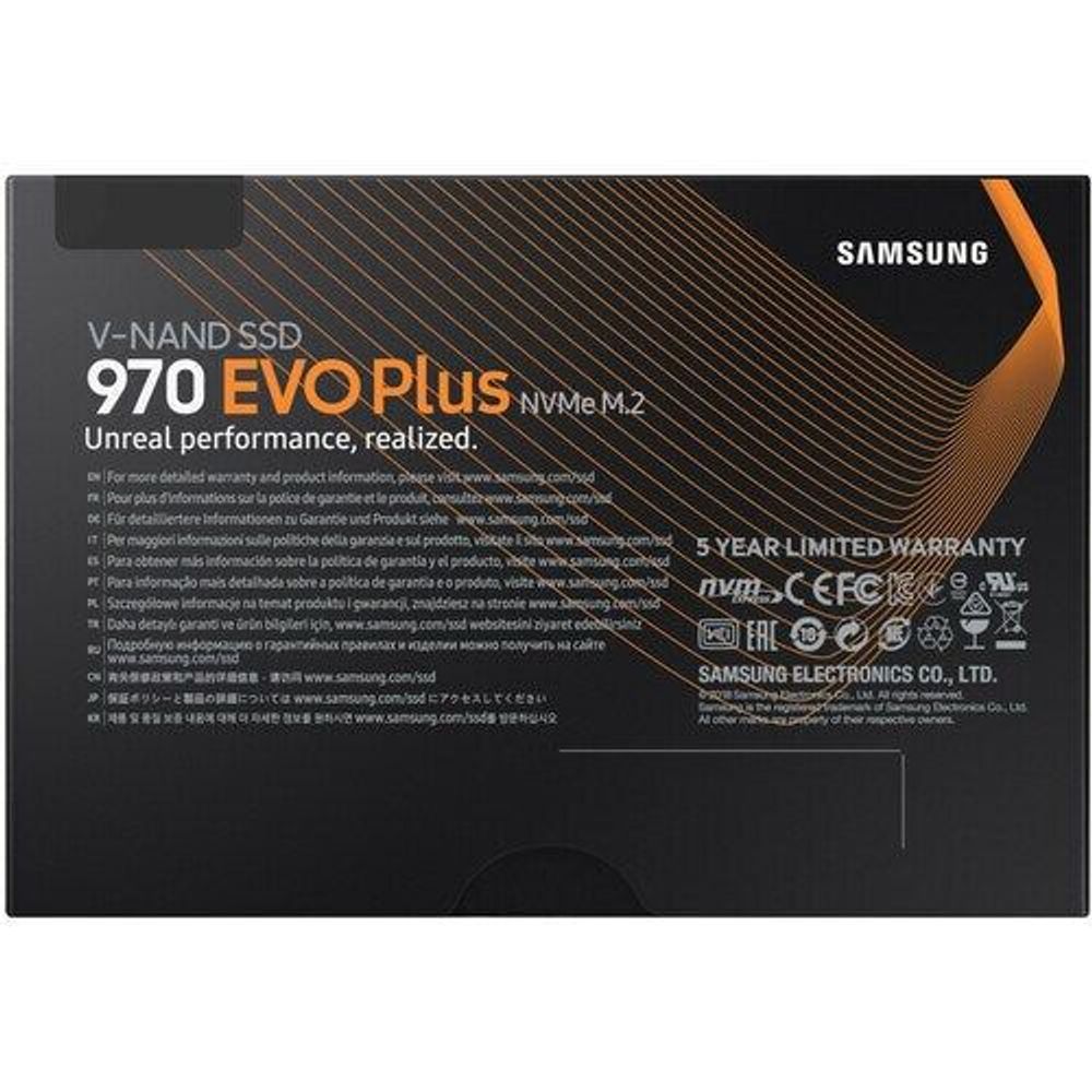 Samsung 970 EVO Plus 1TB NVMe M.2 SSD box back with text and icons