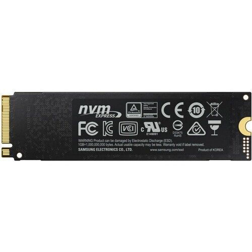 Samsung 970 EVO Plus 1TB NVMe M.2 SSD, underside view with certification marks