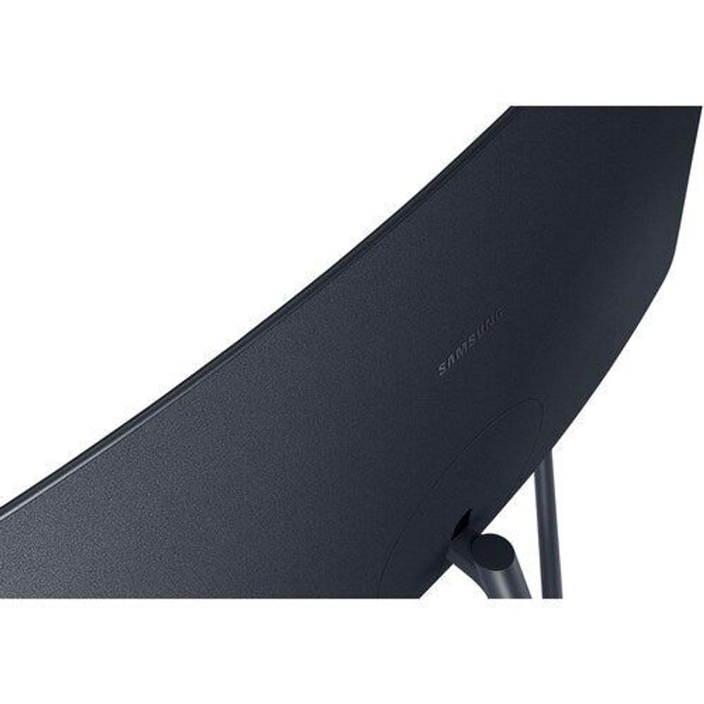 Curved monitor side close-up in dark finish with stand arm and curved housing