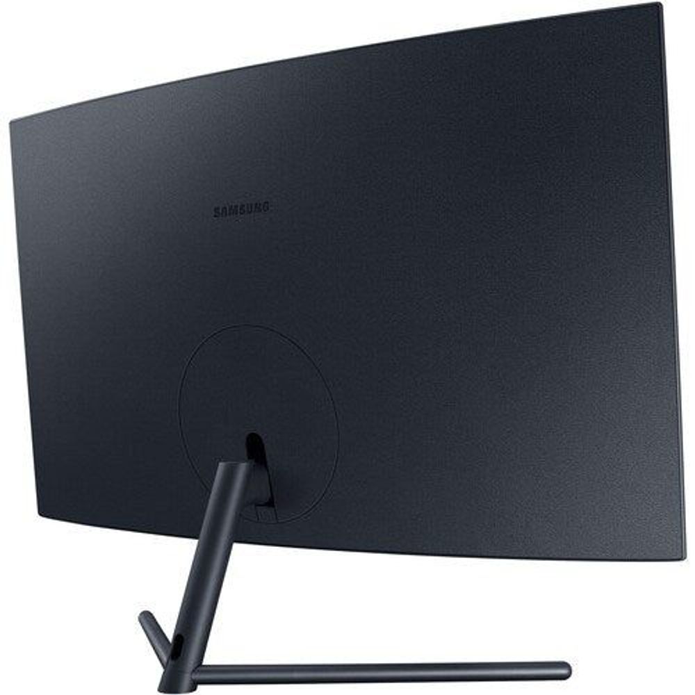 Curved LED monitor rear view with dark finish and circular stand mount