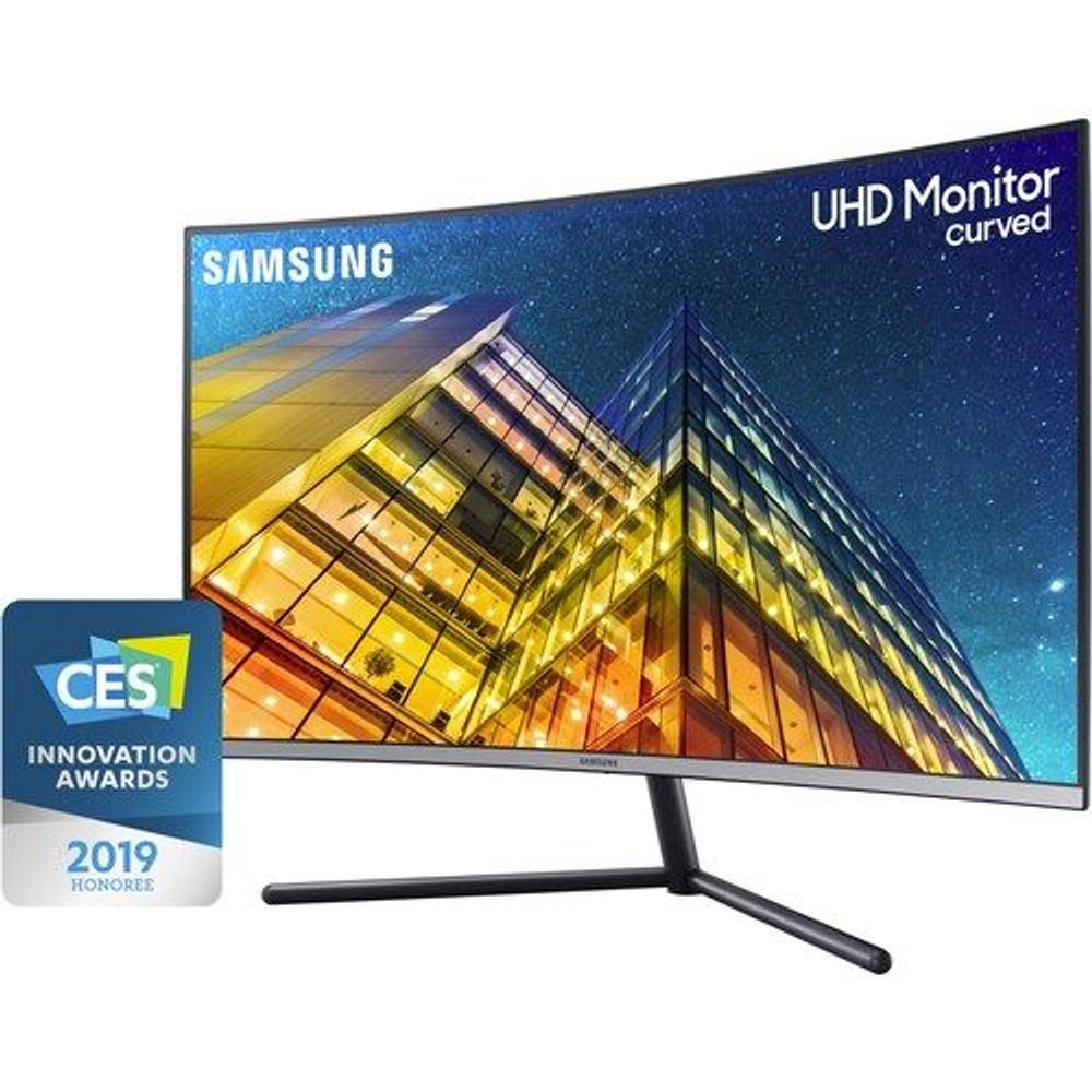Samsung curved UHD LED monitor with slim stand, front view showing vivid city display
