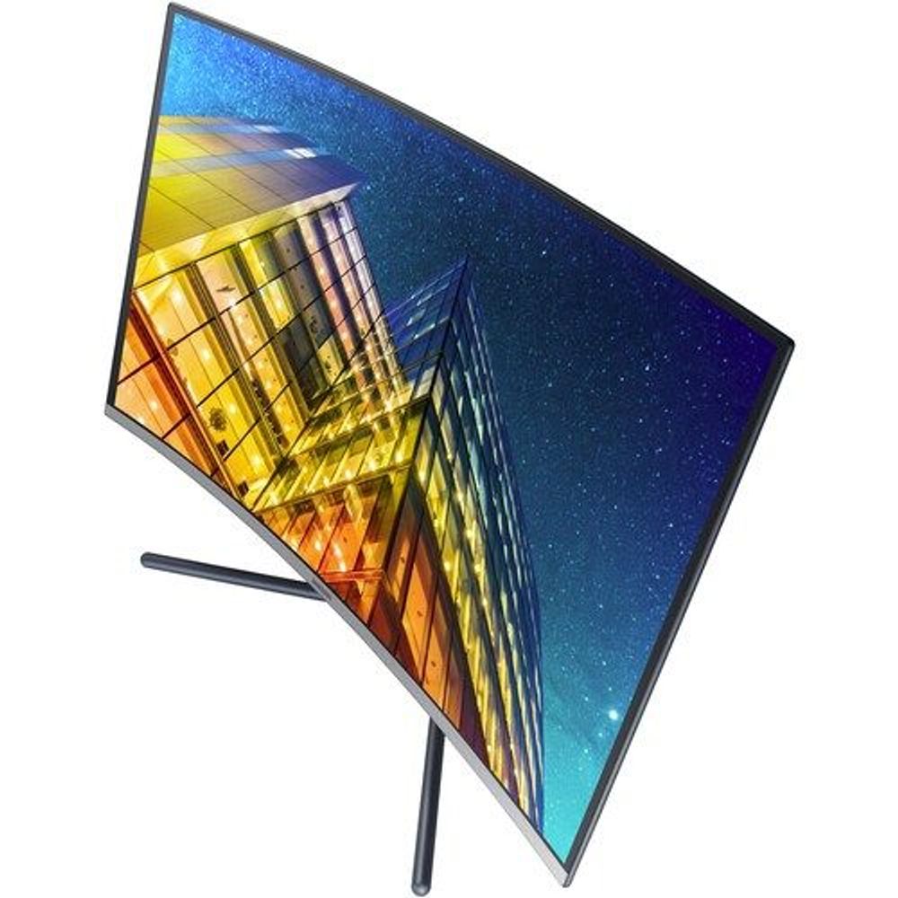 Curved LED monitor three-quarter front view, dark bezel and curved display