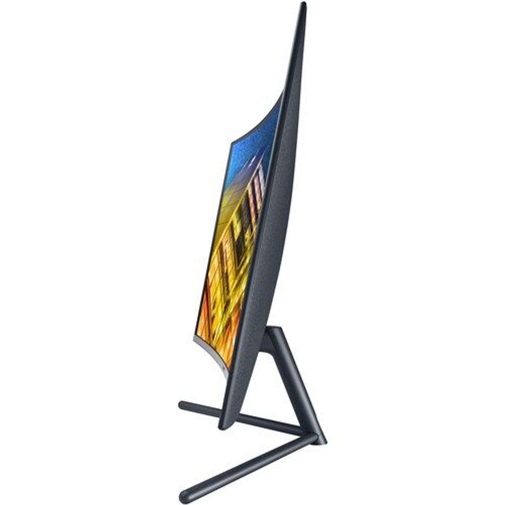 Curved monitor angled view with dark bezel and V-shaped stand legs