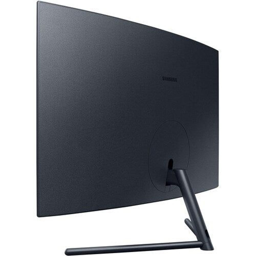 Curved computer monitor back view in dark finish with circular stand mount