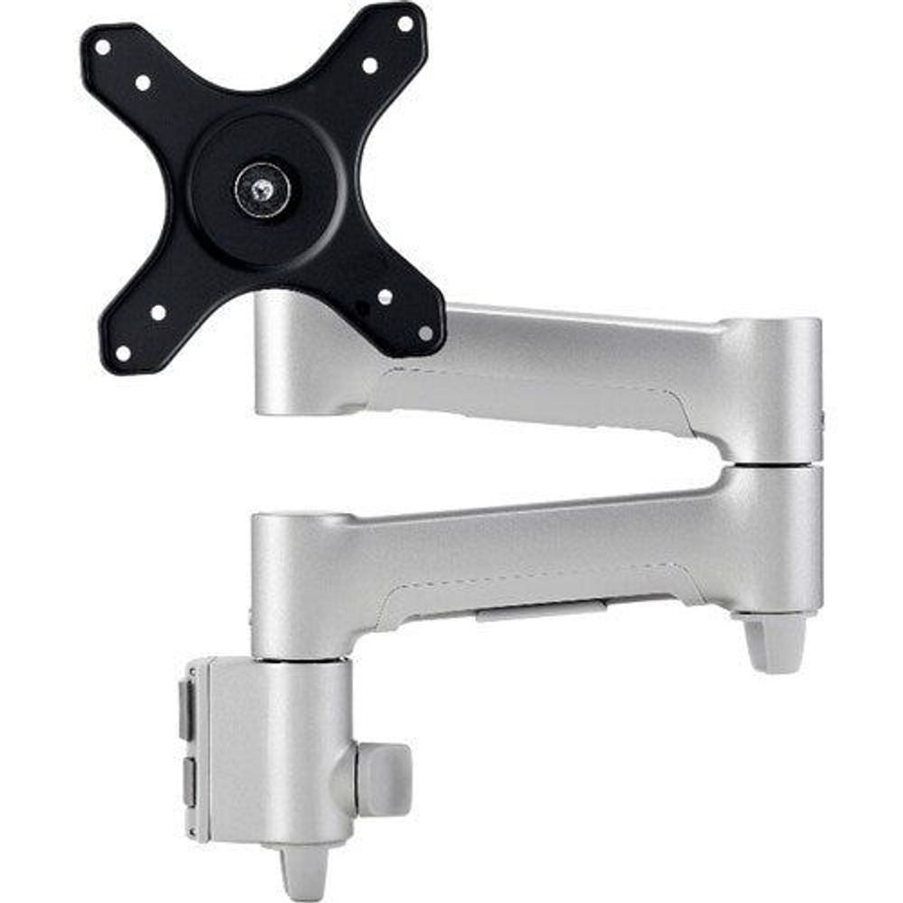 Adjustable TV wall mount with silver arms and black VESA plate for curved screens