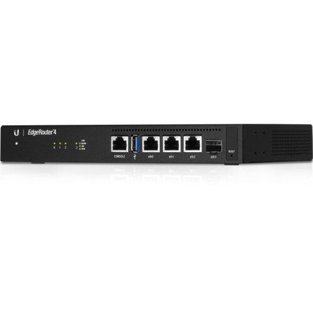 Ubiquiti EdgeRouter 4 router front ports, including multiple RJ-45 and an SFP slot