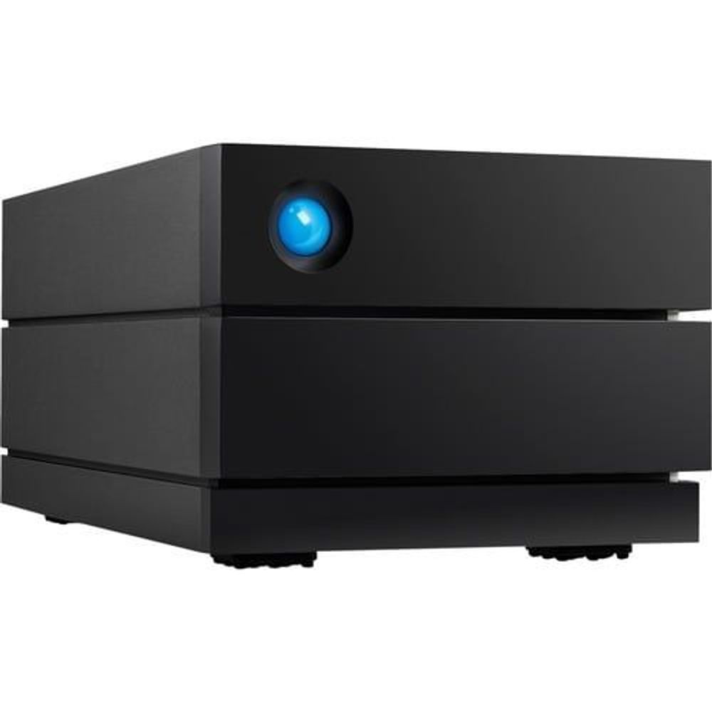 Black desktop RAID storage with blue status light and side control details