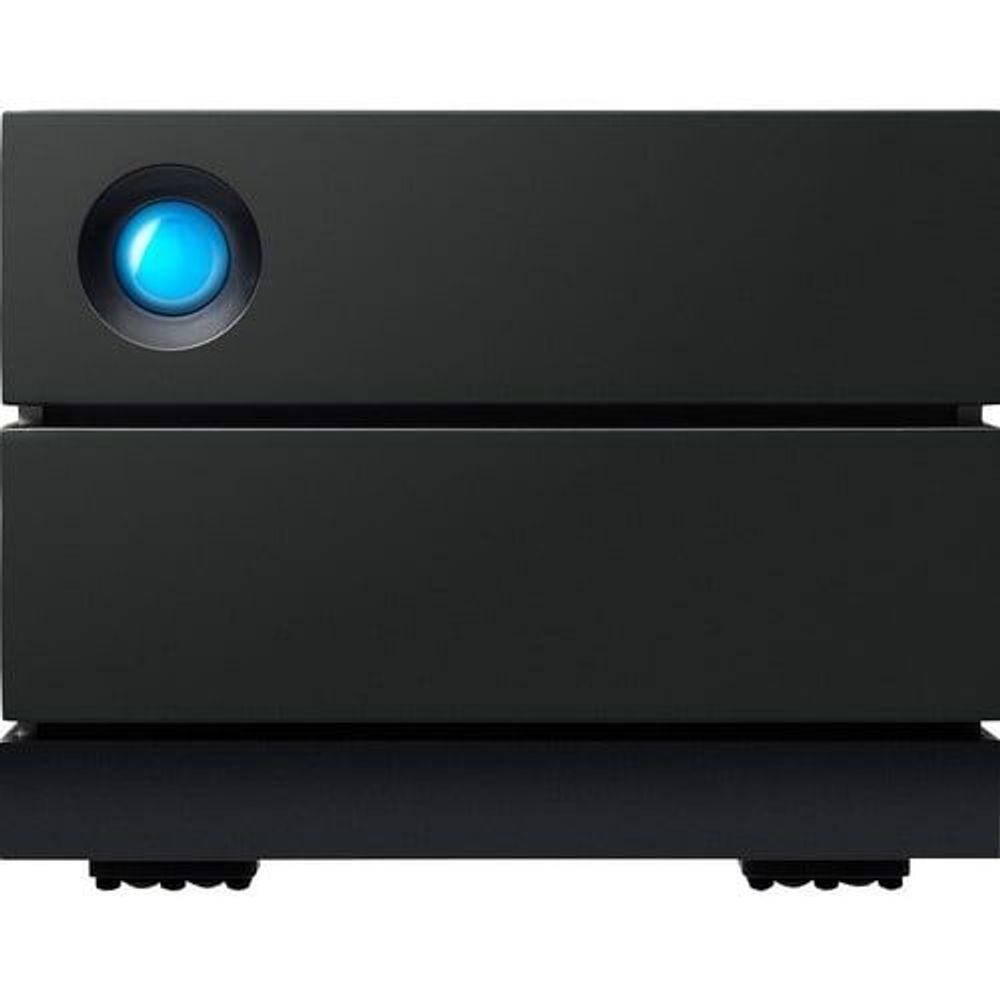 Black desktop RAID storage with prominent blue circular status light and rubber feet