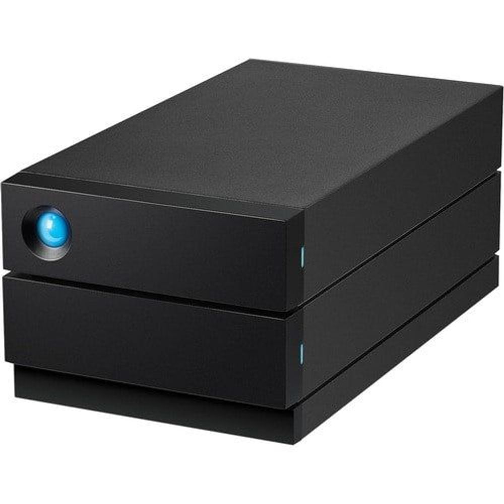 Black desktop RAID storage with blue front status light and sloped top