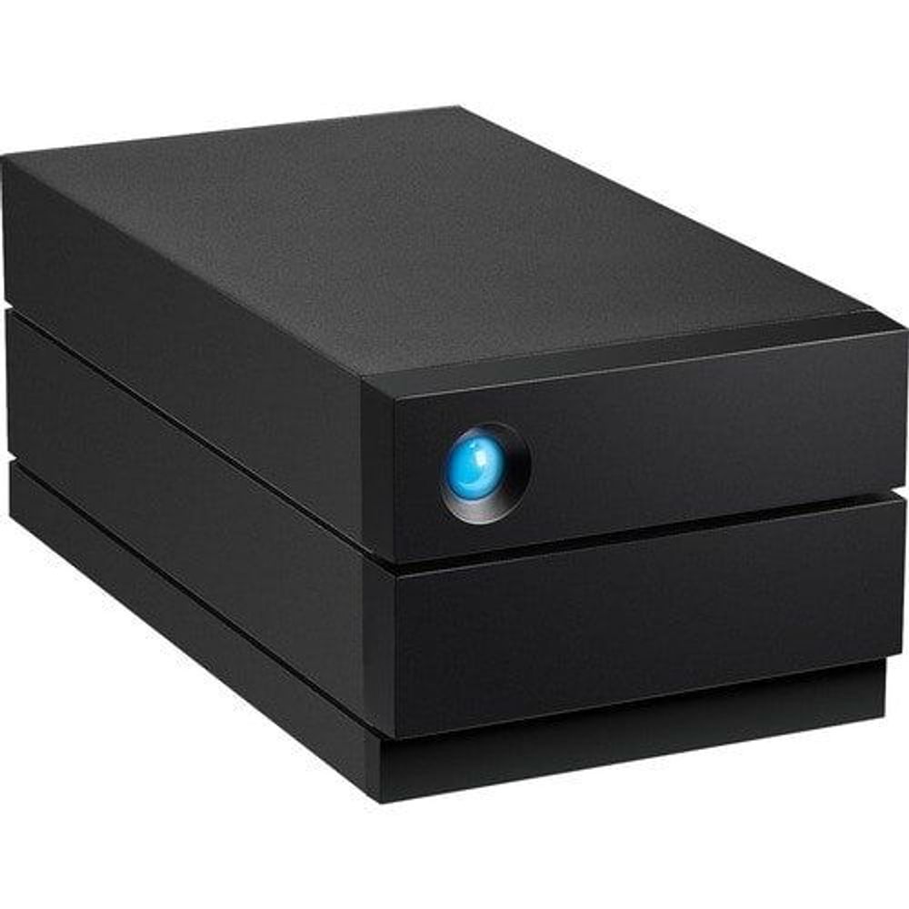 Black desktop RAID storage unit with blue front power/status light and stacked bays