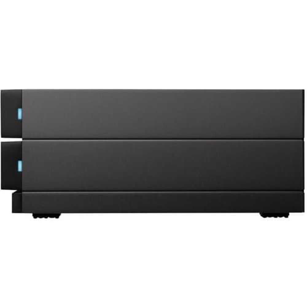 Black multi-bay desktop RAID storage with blue indicator lights on the side