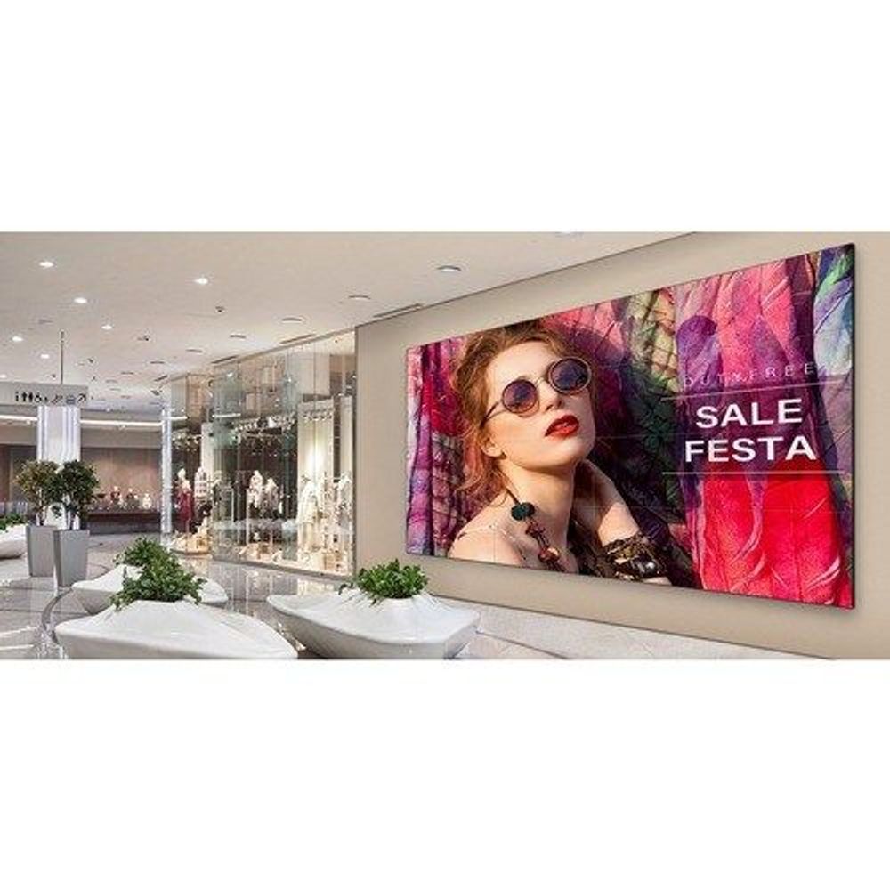 Samsung 55-inch digital signage display showing promotional event poster with person face