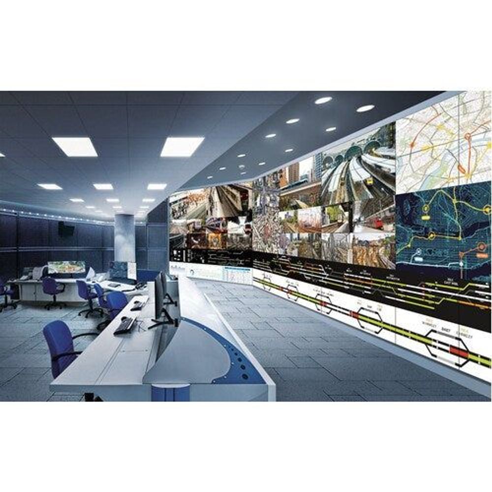 Digital signage display in control room, wide wall of screens with map graphics