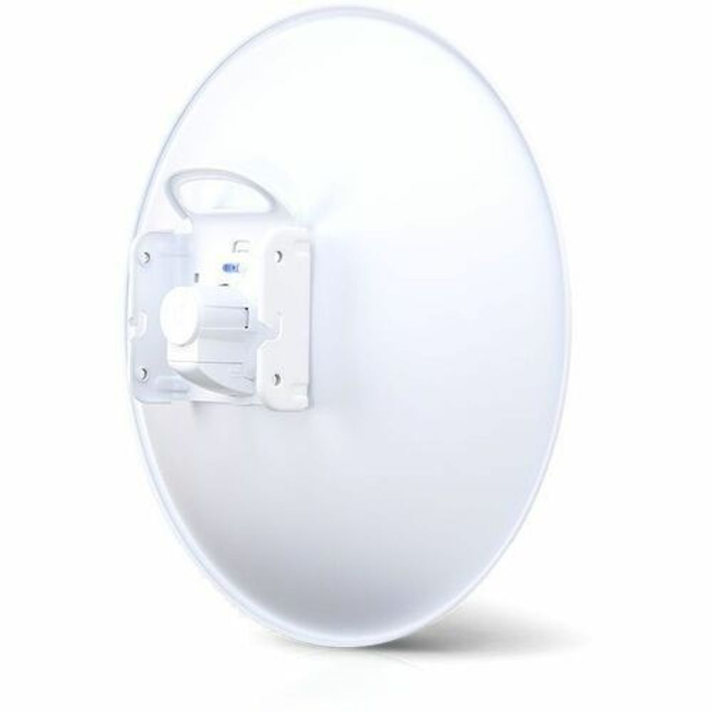White wireless dish antenna front mount with attached mounting hardware
