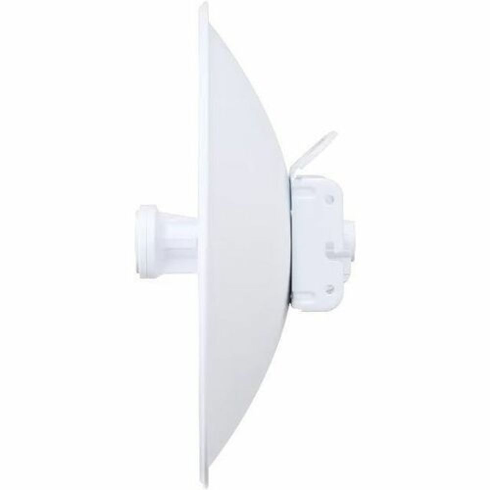 Side view of white wireless dish antenna with bracket and ports